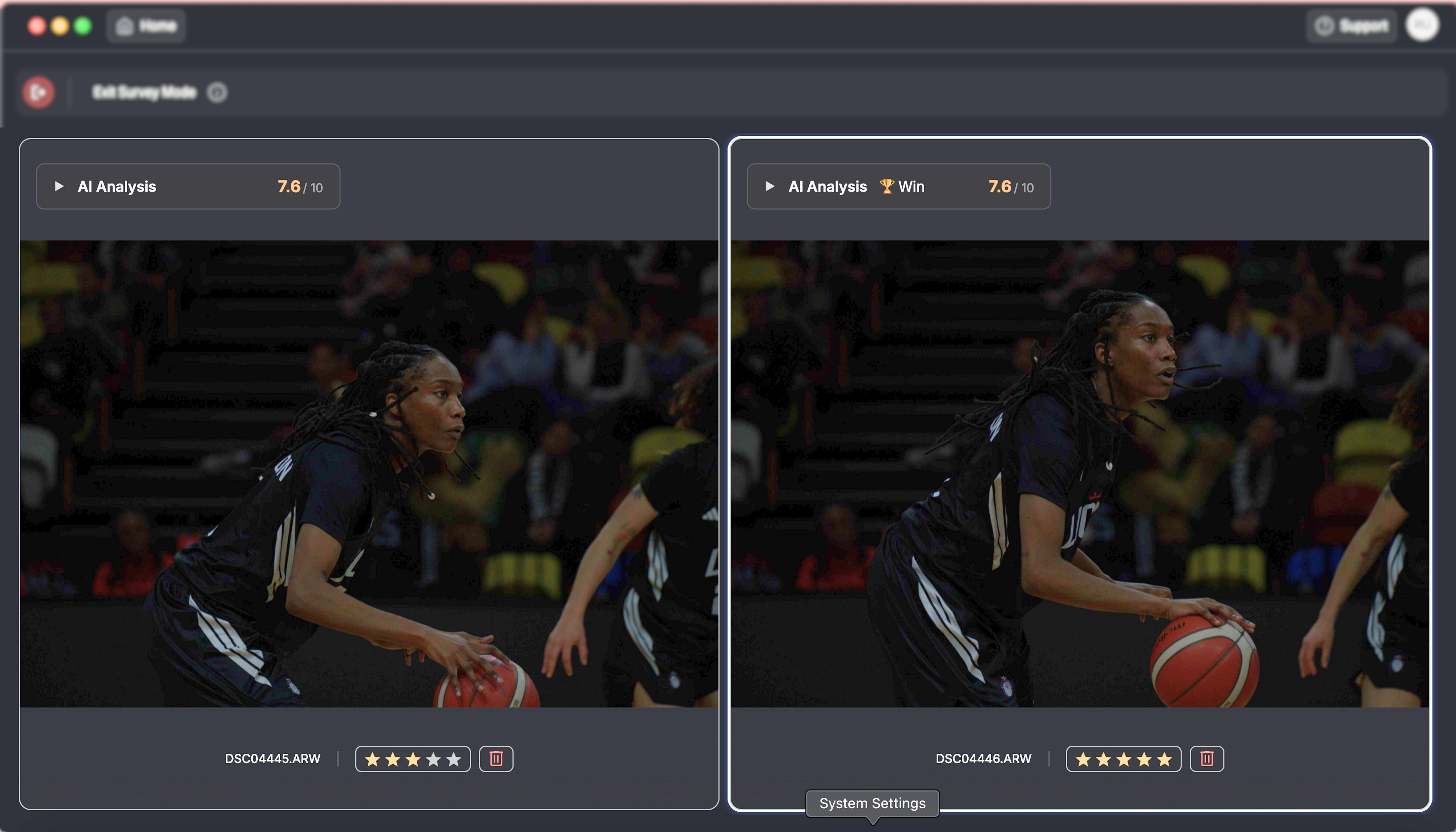 Basketball player playing in court, duplicate shots clicked by photographer.