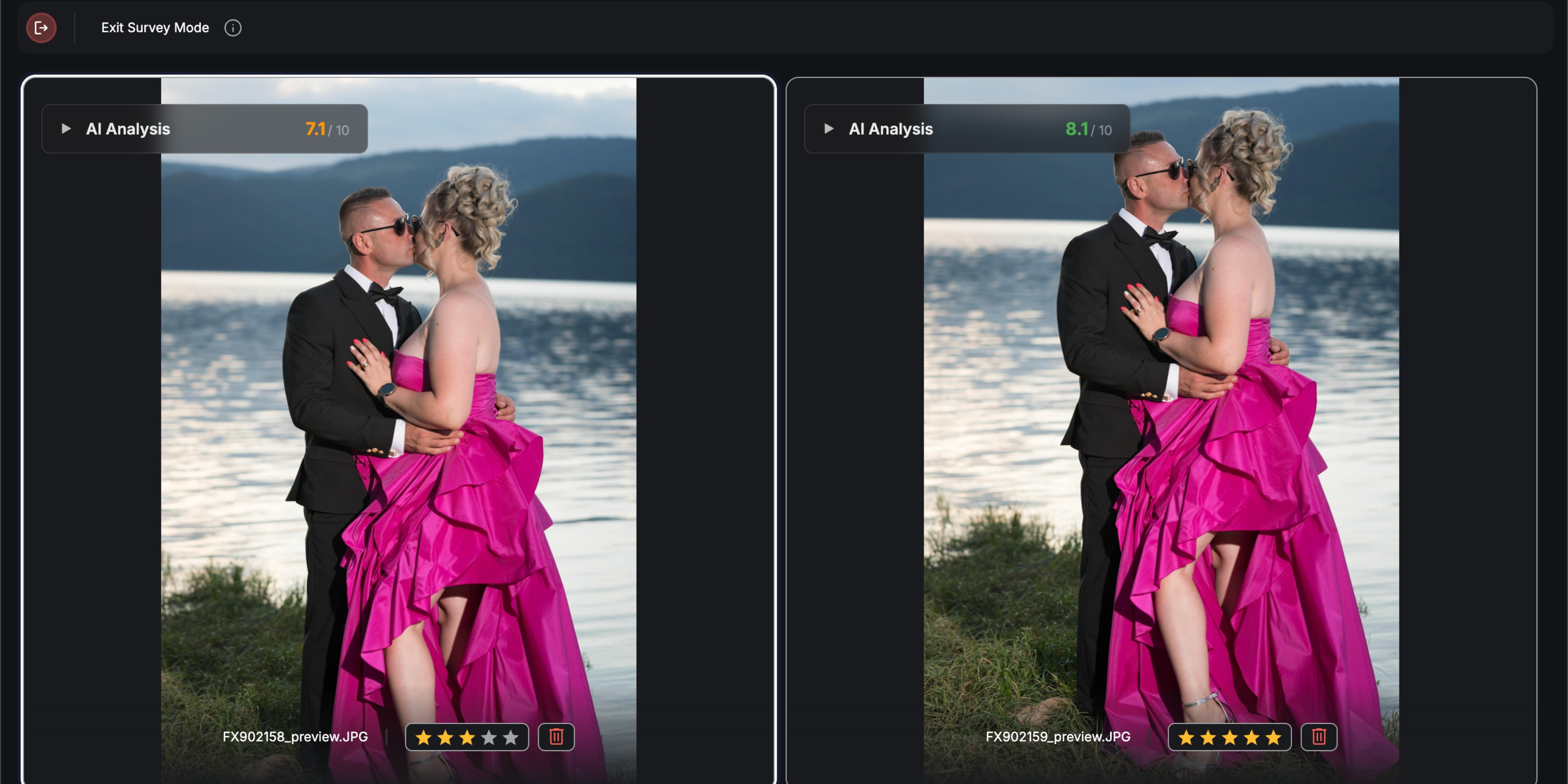 FilterPixel DeepCull showing Score and Reason transparency for AI photo culling selection