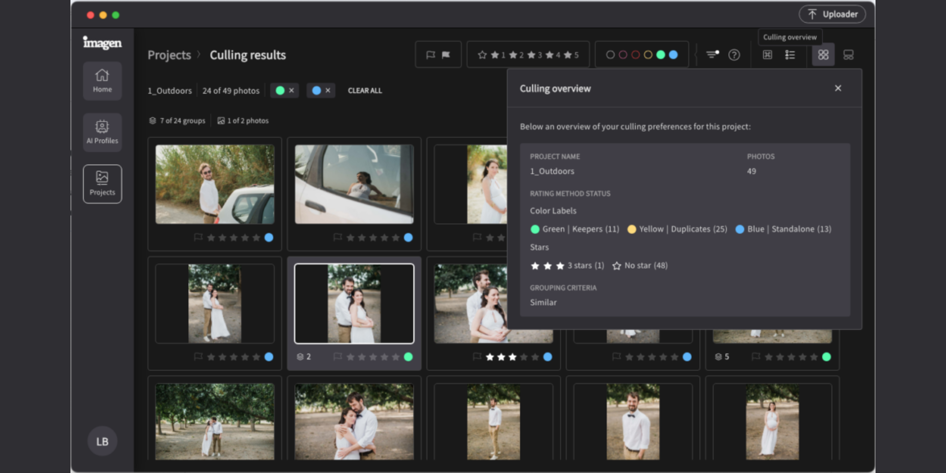 Imagen Culling desktop app interface showing AI-rated photo selects from a wedding shoot