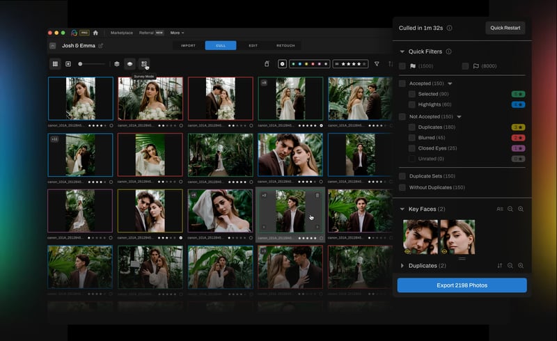 Aftershoot AI culling interface showing wedding photos being processed with AI selections