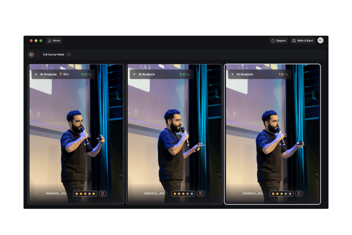 Conference photography pair showing the frame DeepCull selected beside a near-miss, illustrating speaker presence and audience engagement