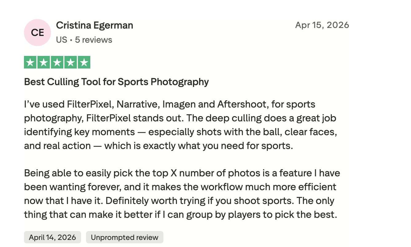 Review view of a sports photo cull in FilterPixel