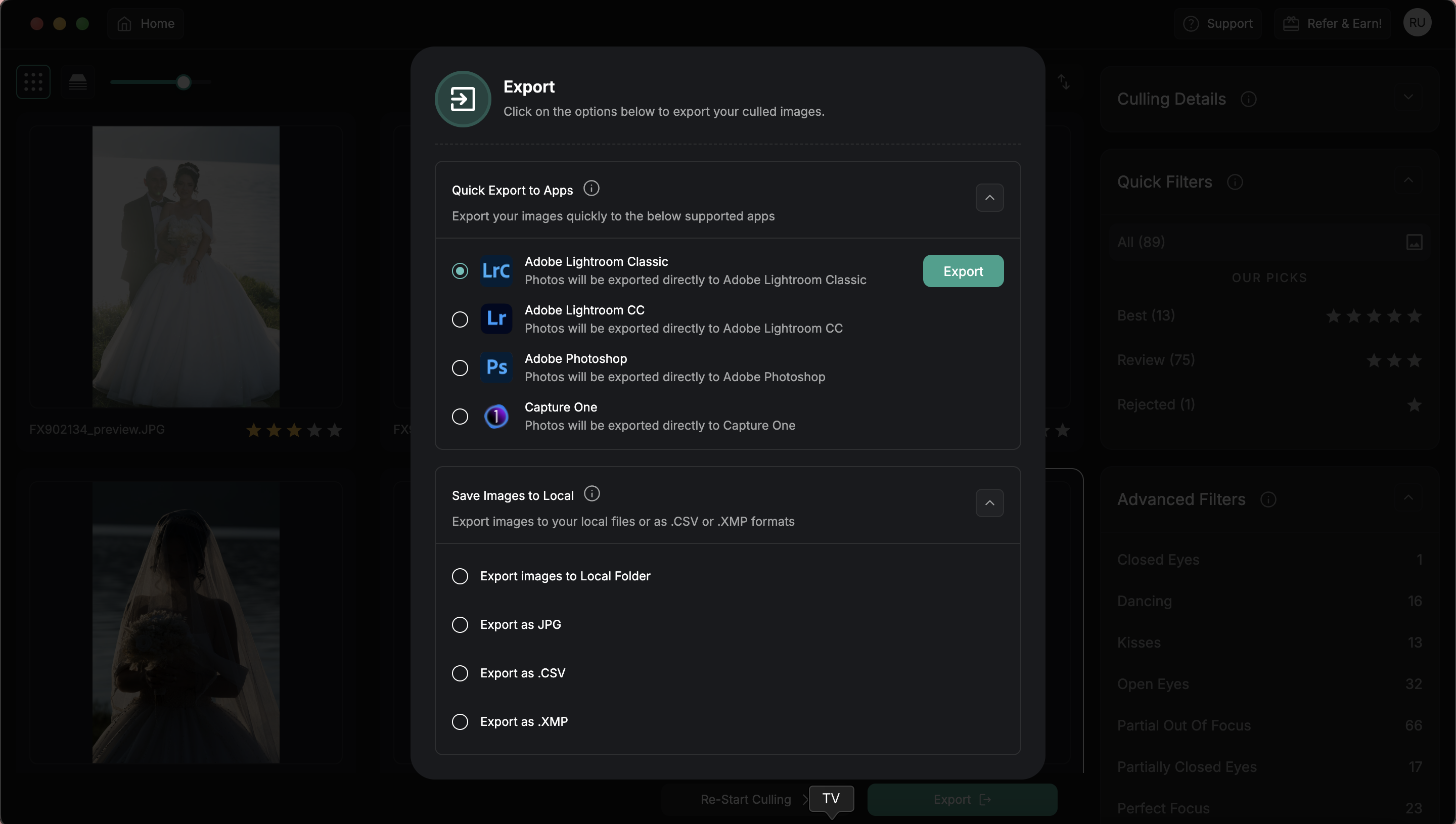 Filterpixel UI Screenshot of export options