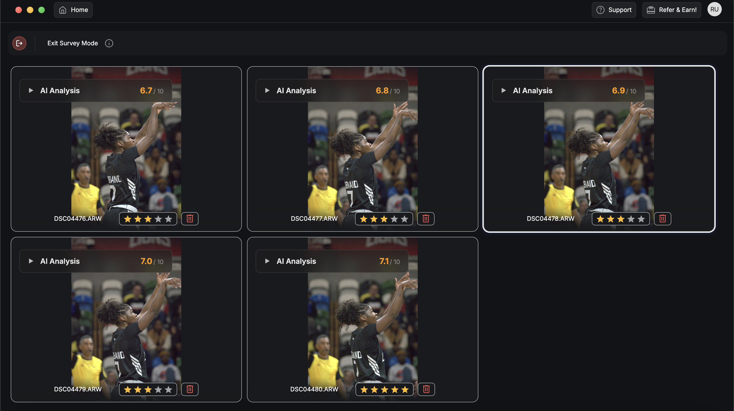 Screenshot of sports photo culling  