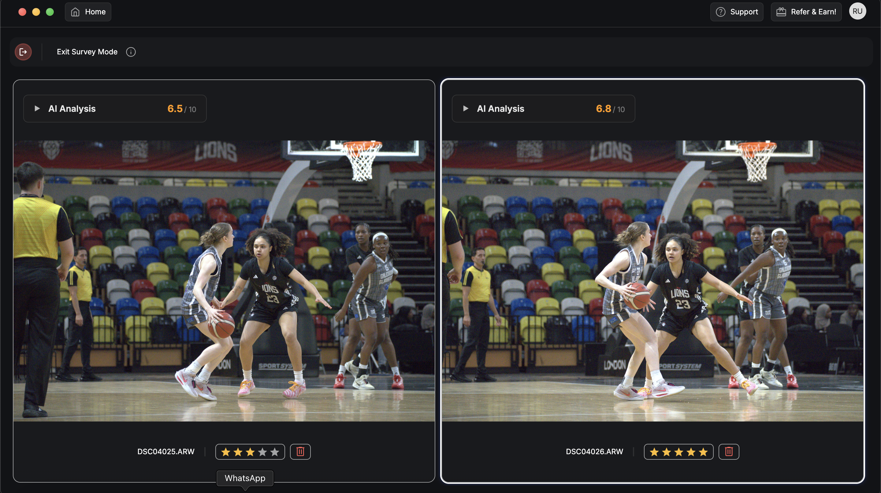 Screenshot  of UI of a sports photo culling app
