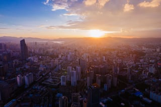 City skyline at sunset seen from above