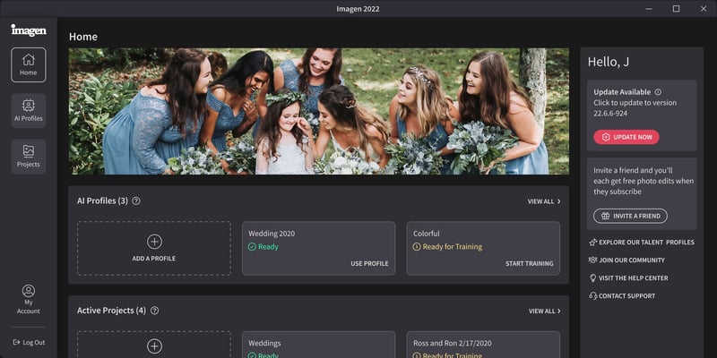 Imagen AI desktop app interface showing AI Profiles and Active Projects for wedding photo editing