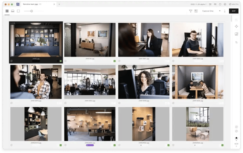 Narrative Select AI culling interface showing corporate event photo grid with AI selections