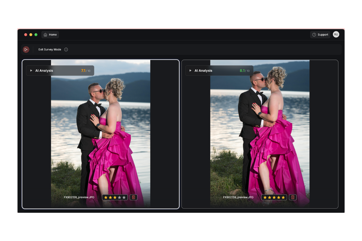 High-volume event photography pair showing the frame DeepCull selected beside a near-duplicate