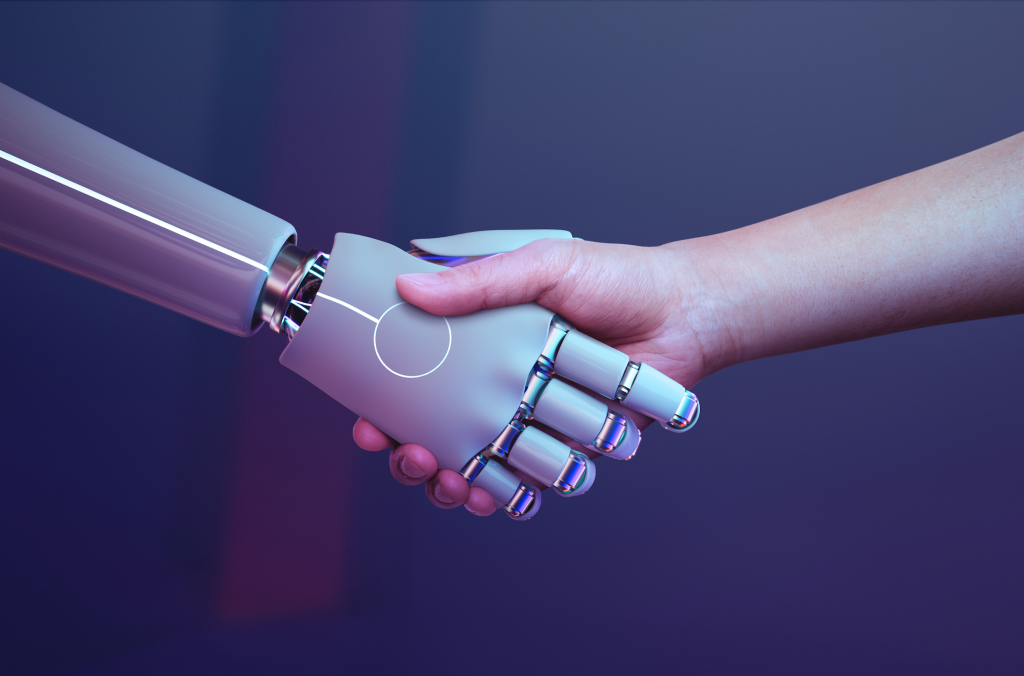 Ai robot shakes hand with human
