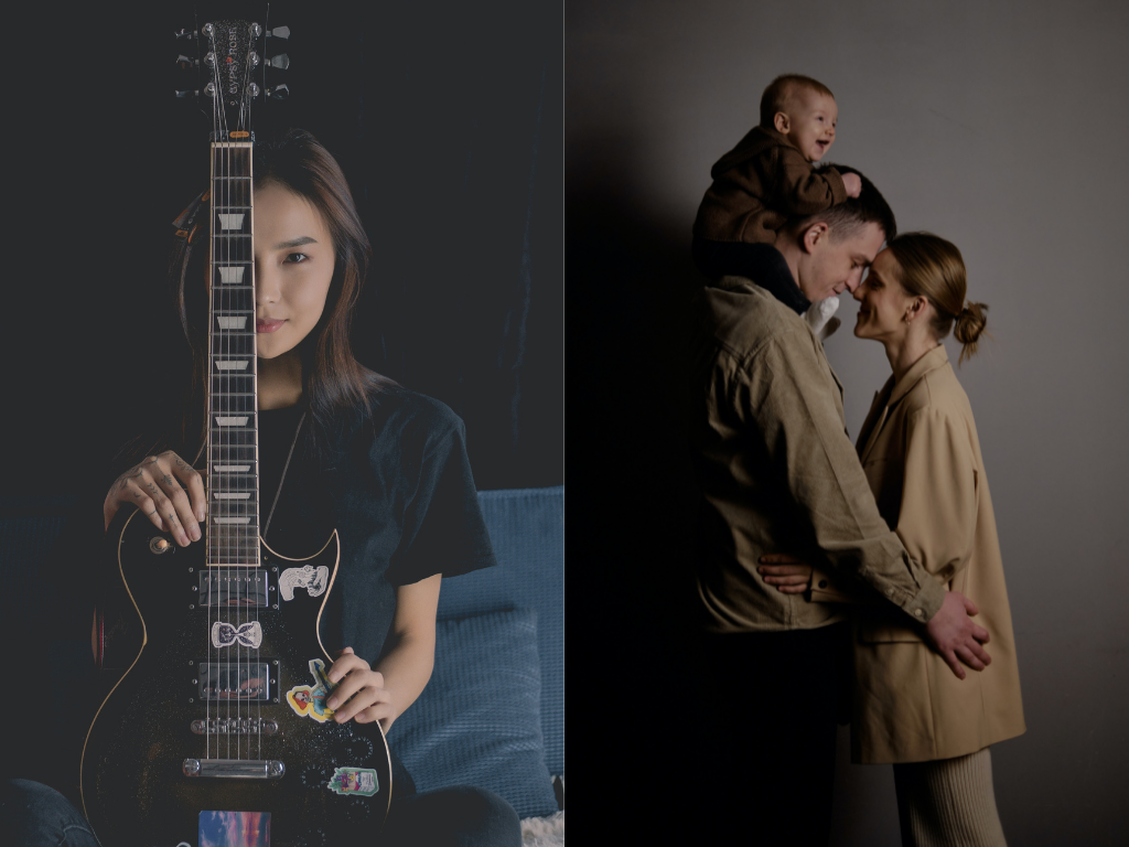Collage Image of Woman with guitar and Family of three
