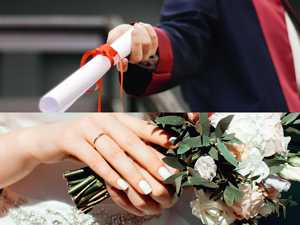 A graduation degree and a woman wearing her wedding ring with a small bouquet in hand 