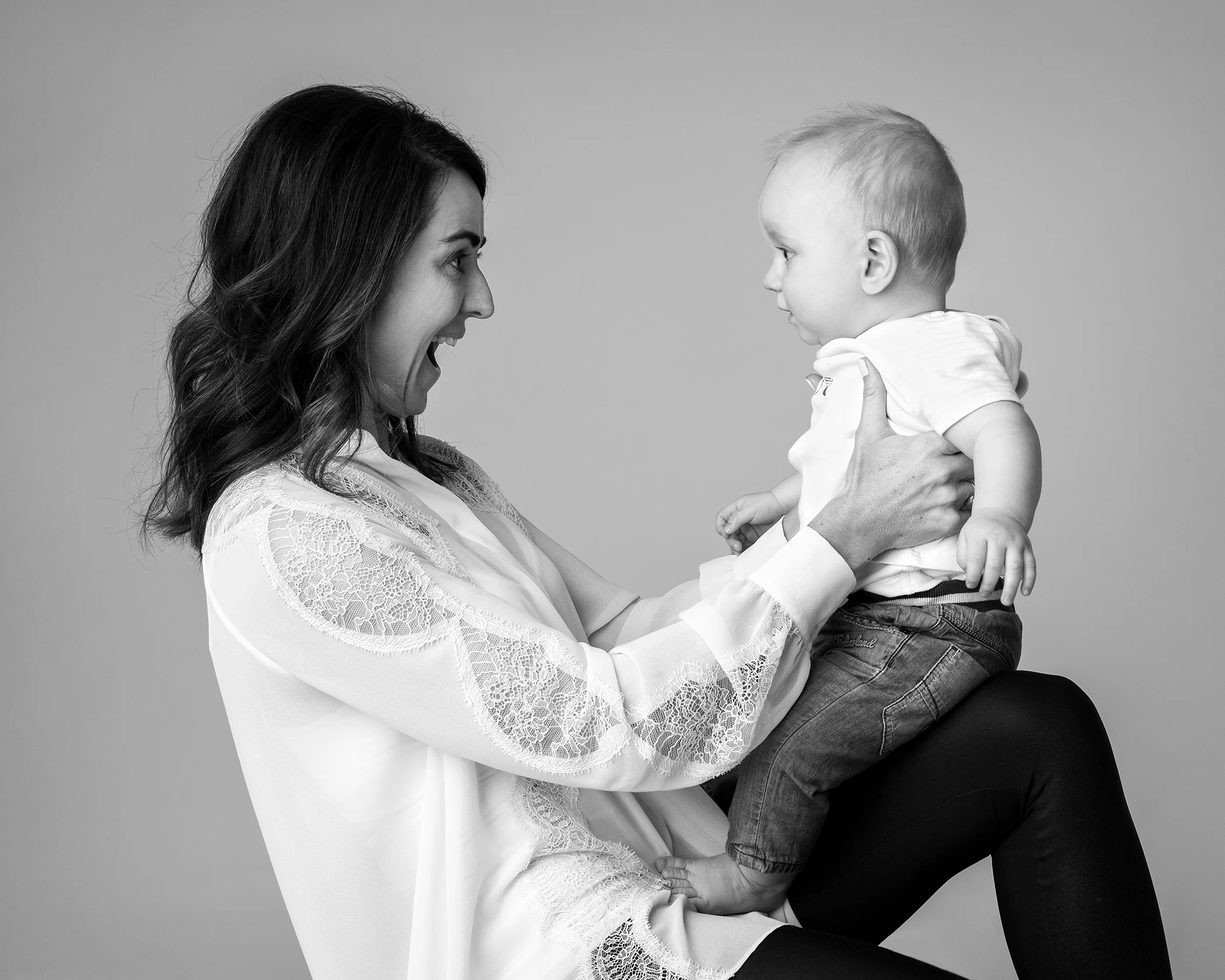 black and white Mother baby portrait