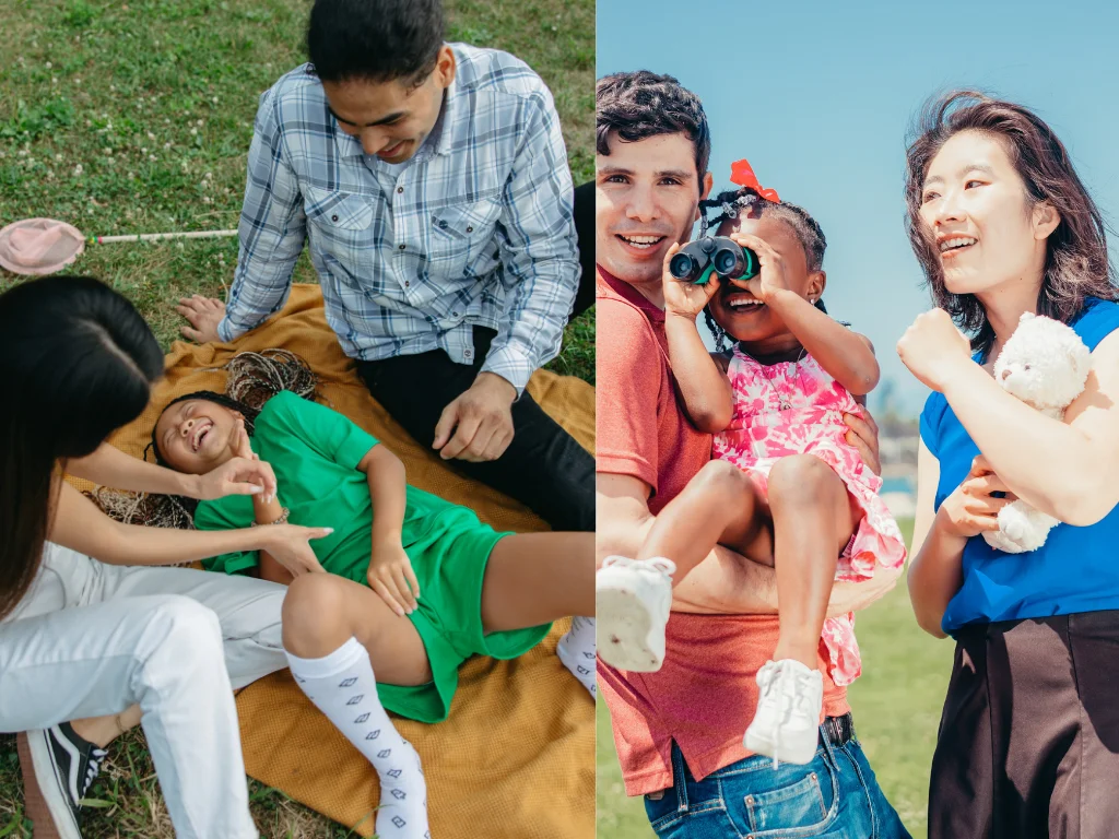 Two photos: one of a family on a picnic blanket, the other of a man with his daughter using binoculars while the mother holds a teddy bear