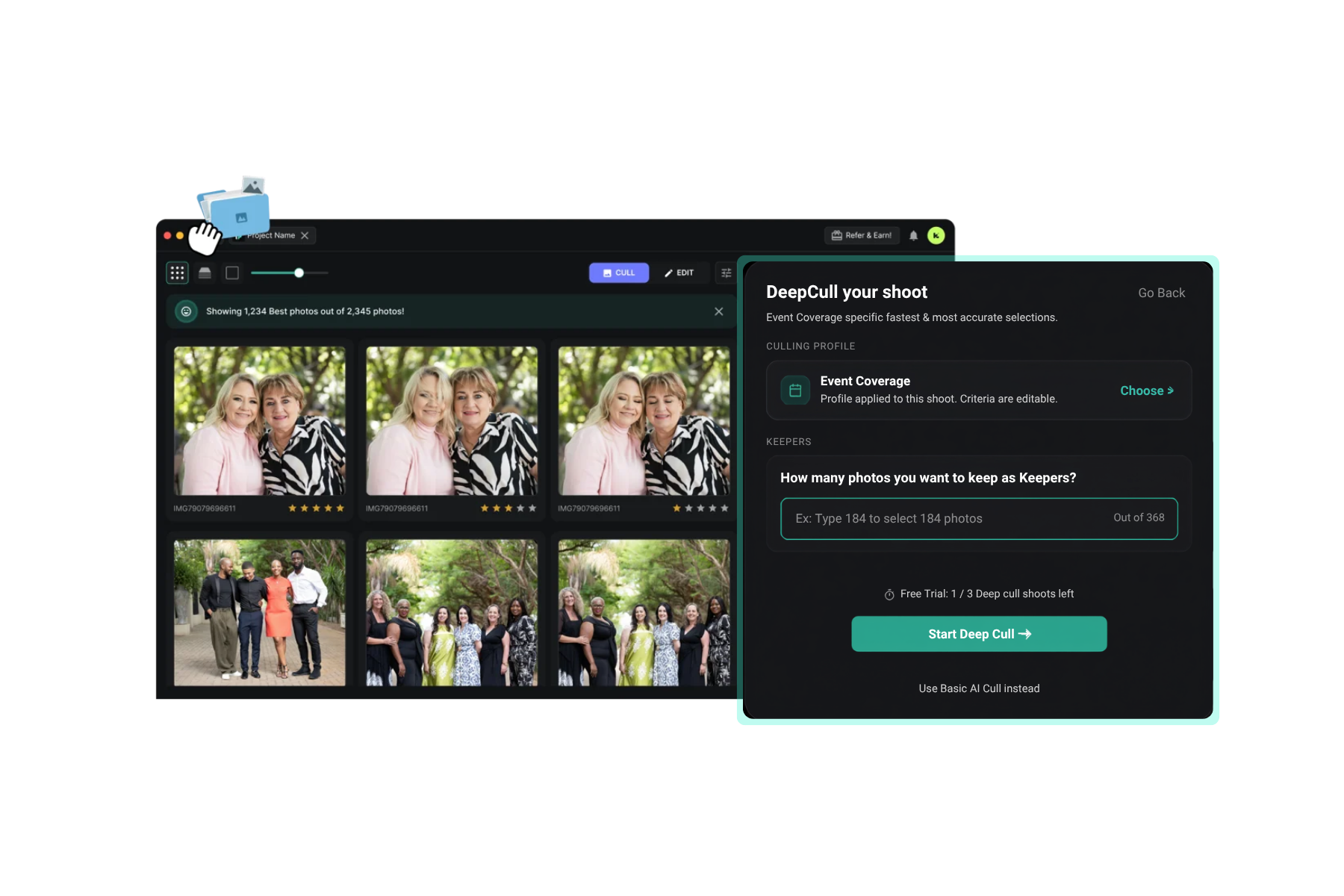 DeepCull genre selector showing its 12+ photography genre models, with a target select count set to 150 from 2,345 photos